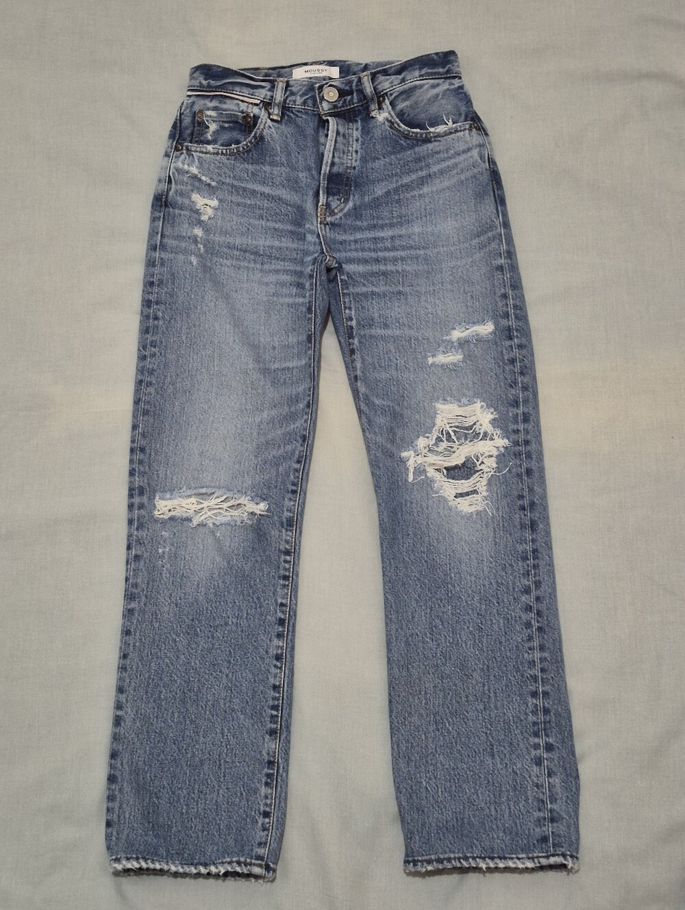 Moussy Distressed Light Blue Women's Button Fly Straight-Leg Jeans